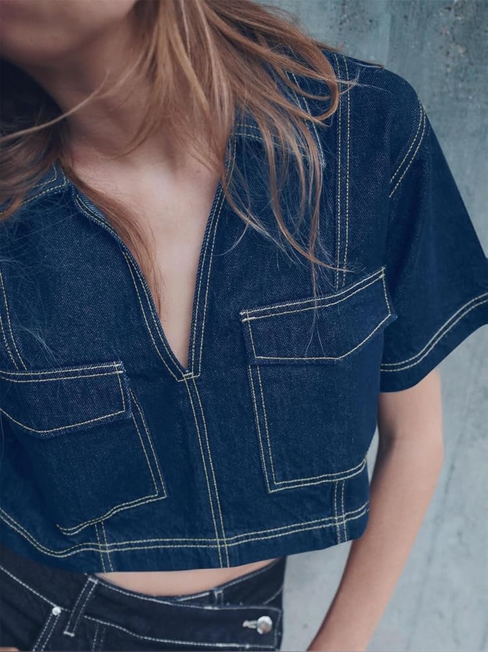 Dark Blue Denim Short-Sleeve Jacket Top